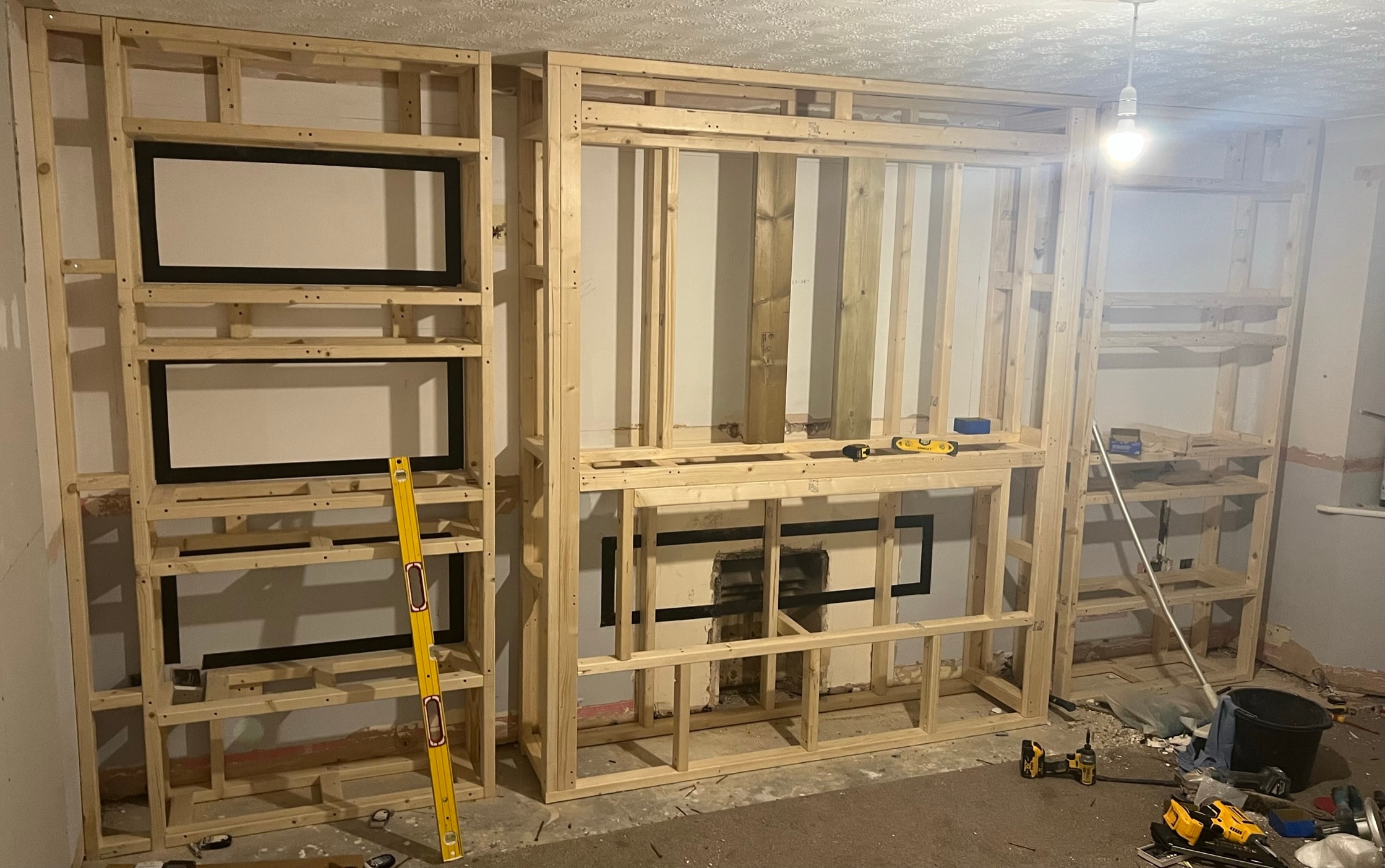 Media wall stud wall construction carpentry living room